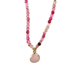 Pink Agate Beaded Necklace with Gold‎ Accent Pendant Gemstone Jewelry